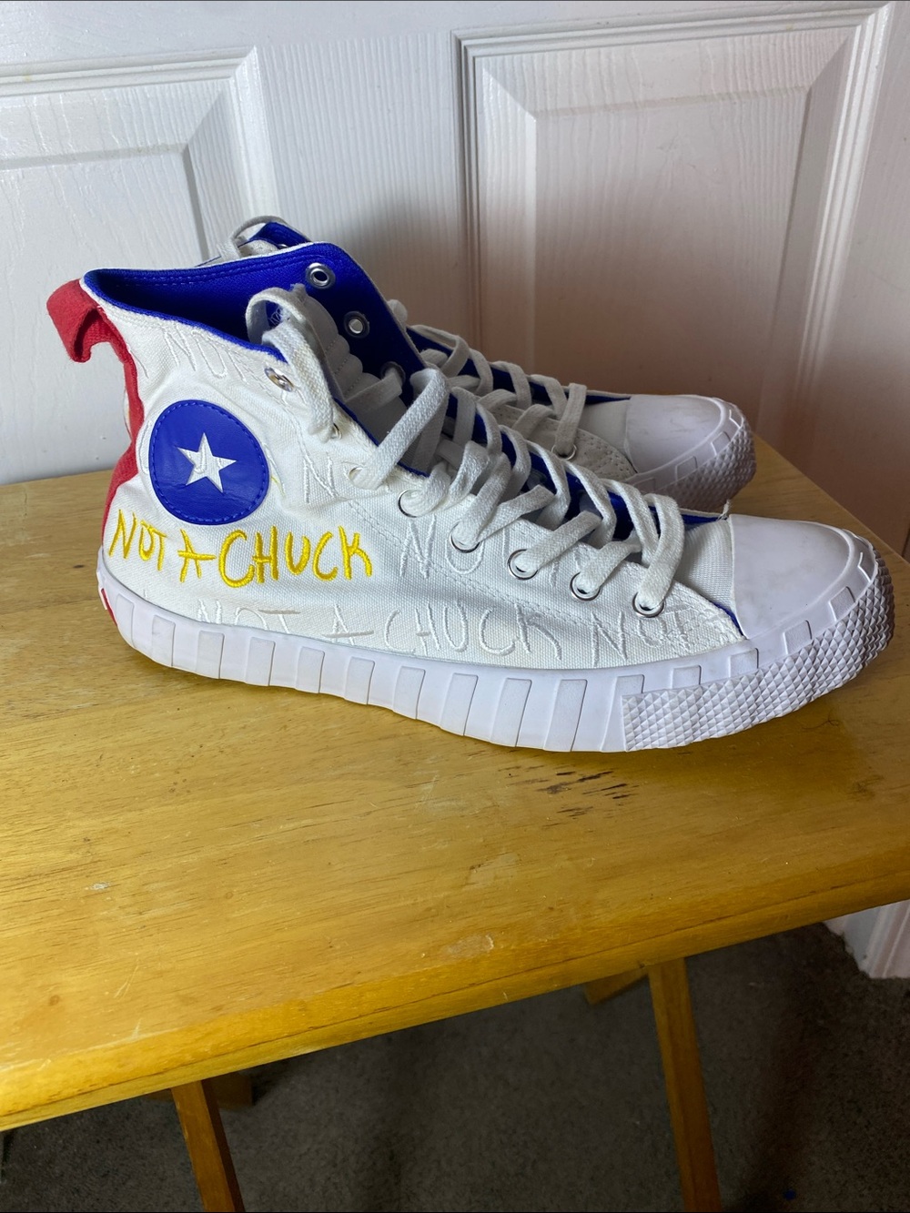 Converse Not A Chuck White High-Top Sneakers with Blue Star and Red Heel Pull